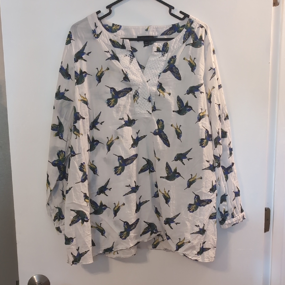 Lane Bryant Humming Bird Print Blouse 100% Cotton, Long Sleeve